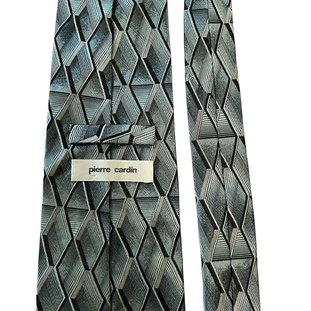 Pierre Cardin Silk Tie 3D Geometric Cubist Pattern Grey Black Blue Designer